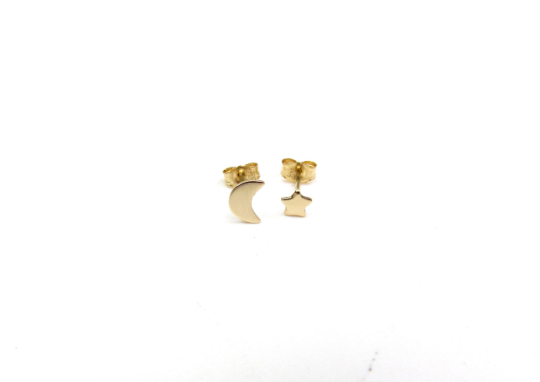 14K Solid Gold Moon & Star Studs | Mismatched Celestial Jewelry